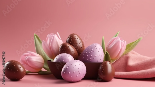 Easter eggs and tulips on a pink background.generative ai