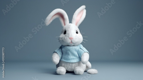 White rabbit with blue scarf on blue background.generative ai © S...