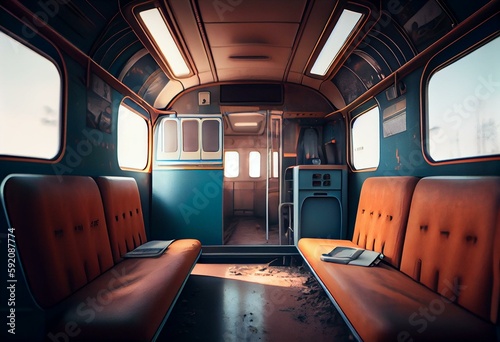 the inside of a train car with two seats and a bench on the side of the car and a car on the other side of the car. generative ai