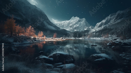Fantastic winter landscape with snow covered mountains and lake at night.generative ai