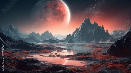 Fantasy alien planet. Mountain and lake,generative ai © S...