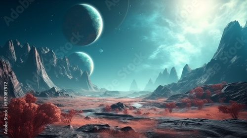 Fantasy alien planet. Mountain and lake,generative ai © S...