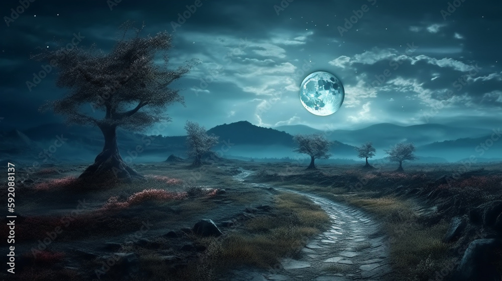 Fototapeta premium Full moon over a dirt road in the forest.generative ai