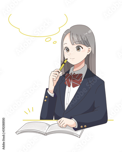 勉強している女子学生のイラスト　吹き出しあり