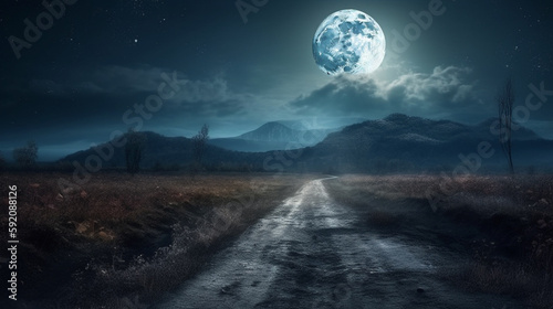 Full moon over a dirt road in the forest.generative ai