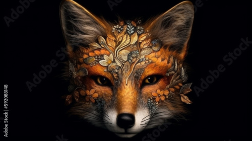 golden fox mask isolated on black background, generative ai