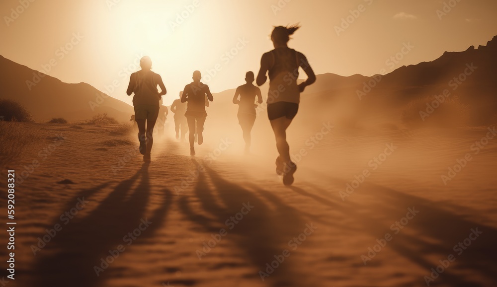 Group of people running in the desert at sunset, Runners on marathon in the desert, Generative AI