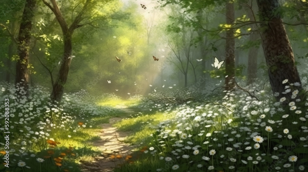Beautiful summer landscape with sunbeams and white daisies.generative ai