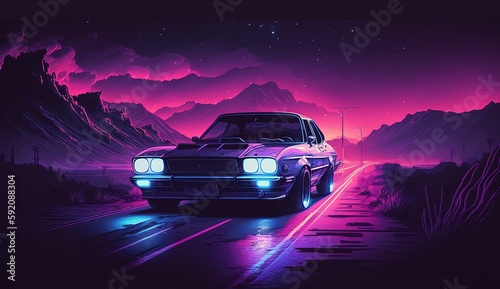 Car on highway  illustration with purple colors in synthwave and Vaporwave style  Generative AI