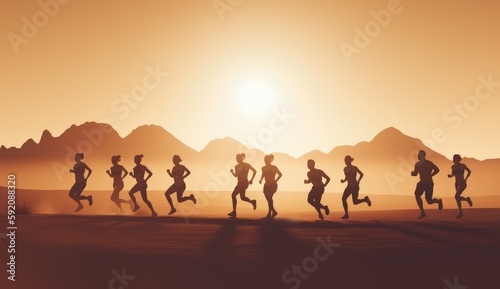 Group of people running in the desert at sunset, Runners on marathon in the desert, Generative AI