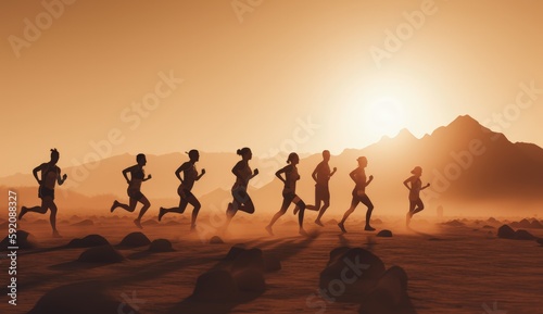 Group of people running in the desert at sunset  Runners on marathon in the desert  Generative AI