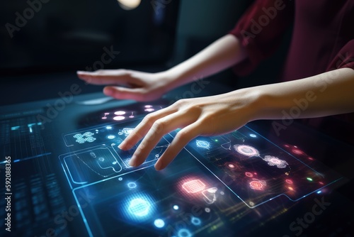Woman hand touching technological screen with icons hologram, woman using a futuristic interface, Generative AI