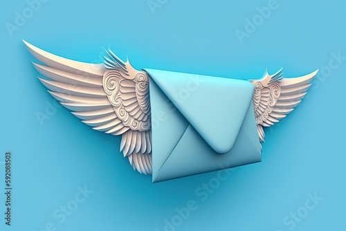 Envelope with wings  concept of sending email blue background  Generative AI
