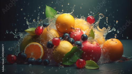 Fruit splashing in water on a black background.generative ai