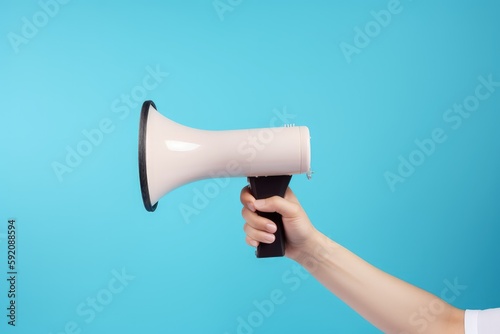 Hand with white megaphone isolated on blue background, Generative AI