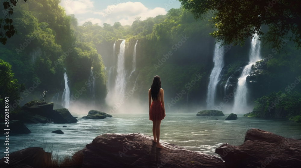Fototapeta premium Beautiful woman in a long white dress in front of a waterfall.generative ai