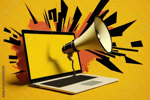 Laptop with megaphone on screen, marketing concept, yellow background, Generative AI