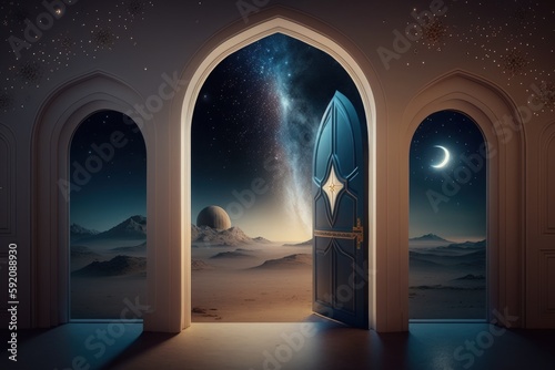 Open Arabic-style door overlooking Middle Eastern landscape, Generative AI