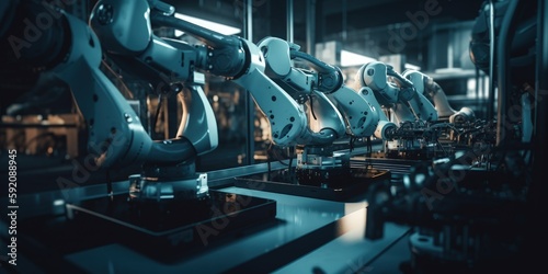 Robots on factory production line, Robotic manufacturing automation, Generative AI