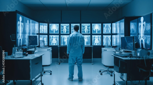 x-ray machine and man in medical room.generative ai © S...