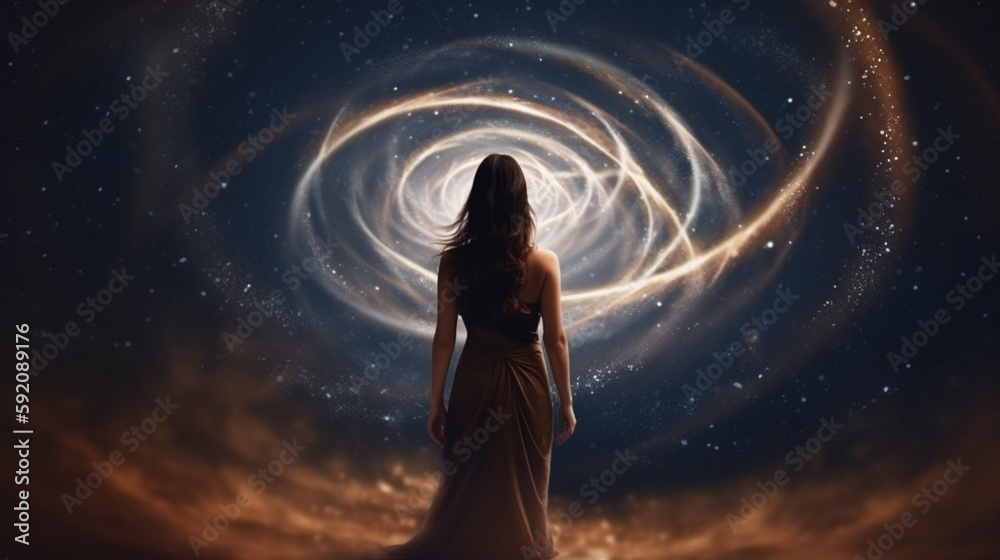 Young woman in black dress looking at planet hologram.generative ai Young woman in black dress looking at planet hologram.generative ai