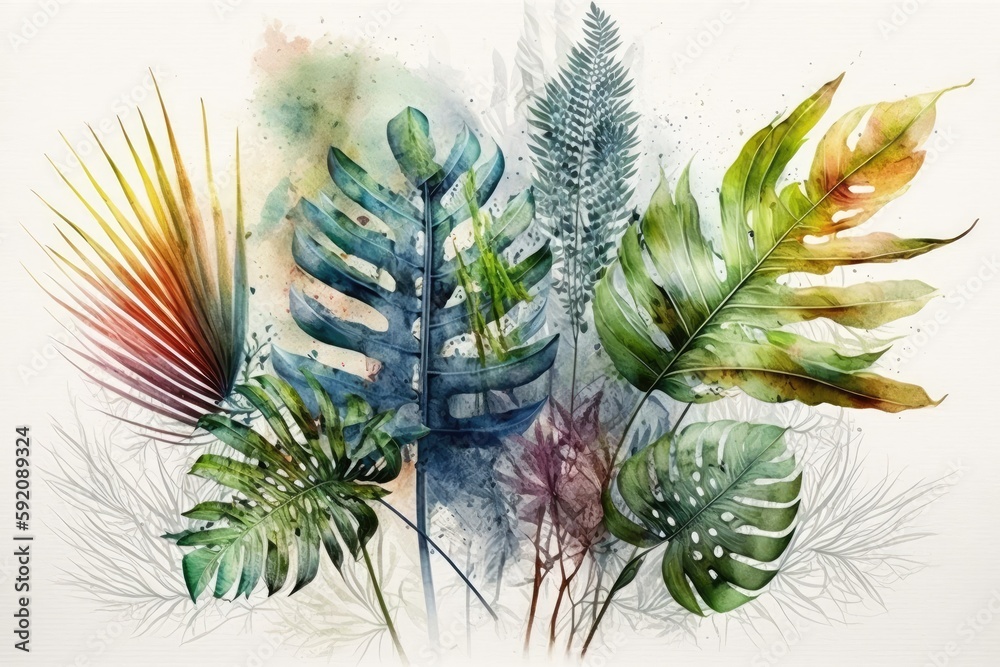 various leaves in watercolor painting. Generative AI