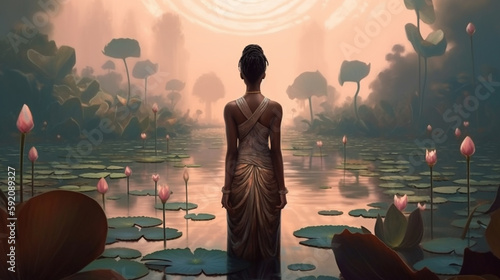 Beautiful african american woman in lotus pond..generative ai
