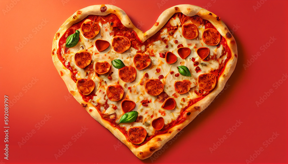 Heart-Shaped Pizza on a Red Background, Generative AI Heart-Shaped Pizza on a Red Background, Generative AI