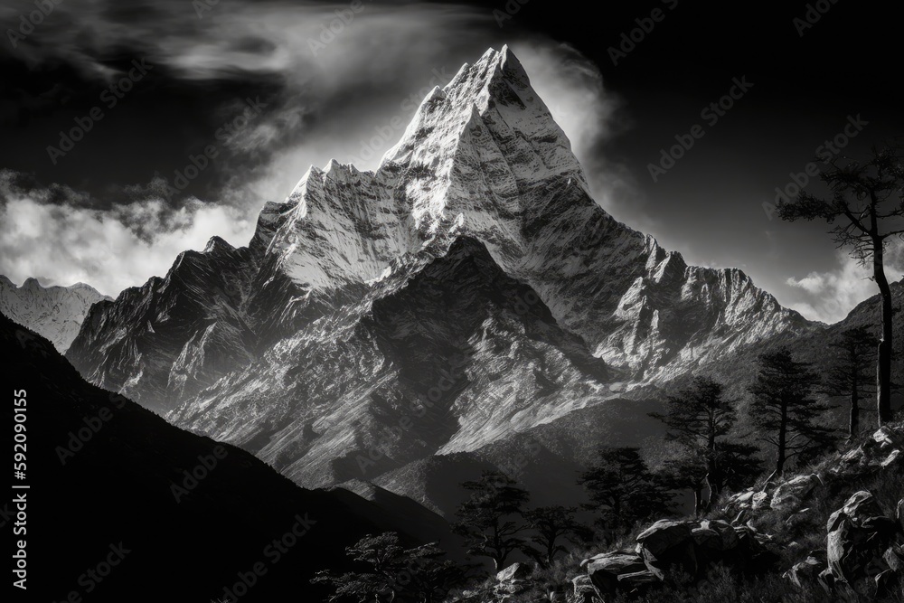 majestic mountain peak in monochrome. Generative AI