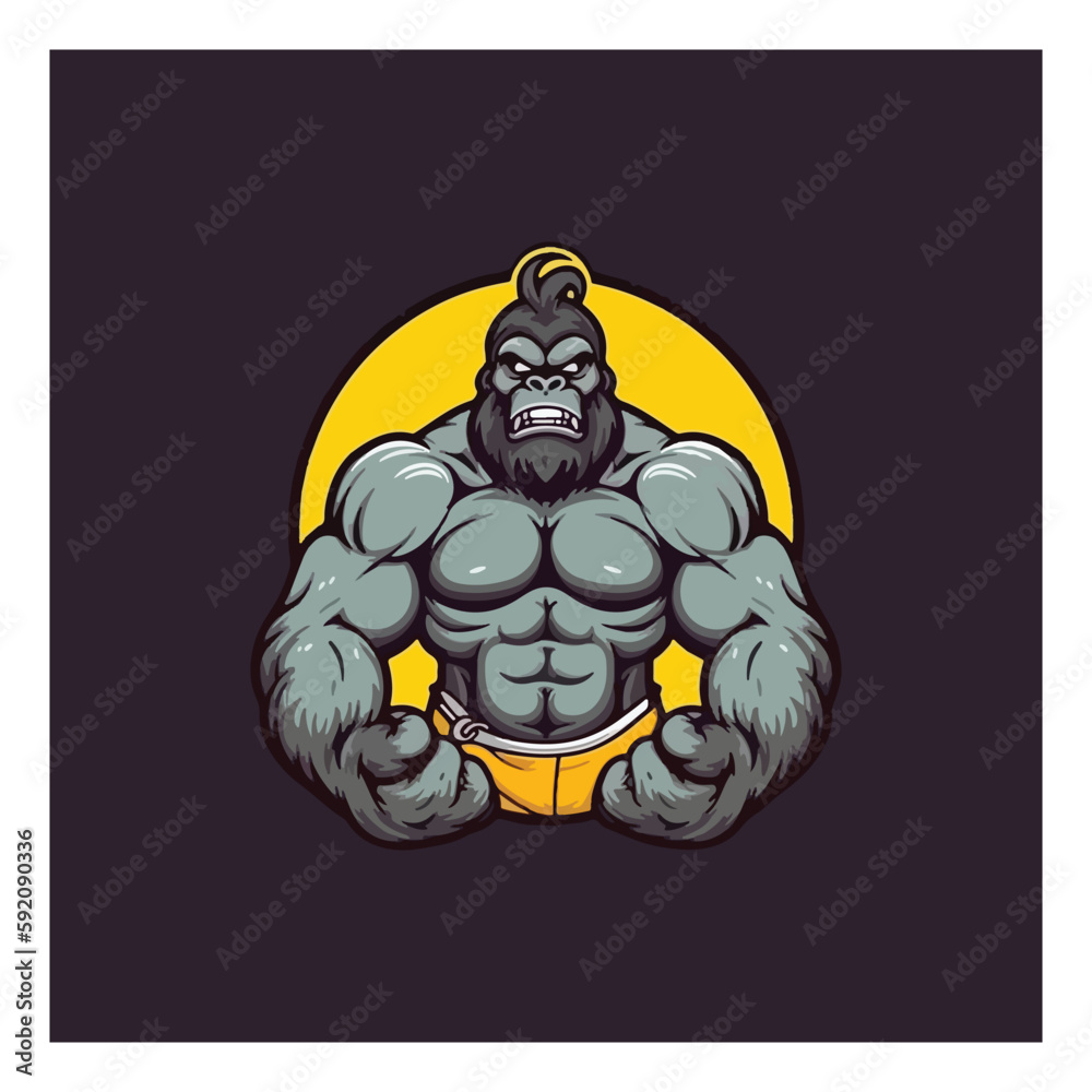 Gorilla with strong body, fitness club or gym logo. Design element for company logo, label, emblem, apparel or other merchandise. Scalable and editable Vector illustration Gorilla with strong body, fitness club or gym logo. Design element for company logo, label, emblem, apparel or other merchandise. Scalable and editable Vector illustration