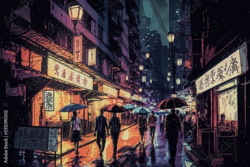 people walking on a rainy day while holding umbrellas on a city street. Generative AI © 2rogan