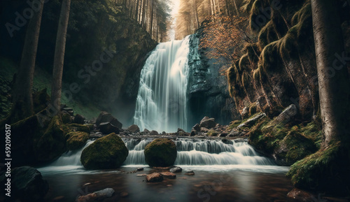 Der magische Wasserfall: AI-generiertes Bild eines zauberhaften und geheimnisvollen Wasserfalls im Wald