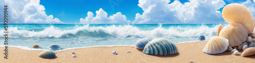 Panorama of ocean beach on a sunny day with big and small shells and sea stones. Seascape illustration with sand beach  waves  turquoise water and sky with white clouds. Generative AI