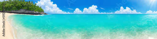 Panorama of ocean beach on a sunny day with waves crashing on the shore. Seascape illustration with sand beach, turquoise water, big rock covered with greenery, sun and sky with clouds. Generative AI