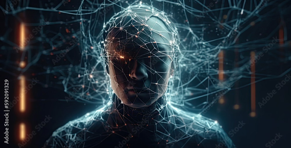 3d rendering image of a person with points on his head, in the style of abstract structures, virtual reality, double exposure, intertwined networks, light - filled, shaped canvas, silhouette figures 3d rendering image of a person with points on his head, in the style of abstract structures, virtual reality, double exposure, intertwined networks, light - filled, shaped canvas, silhouette figures