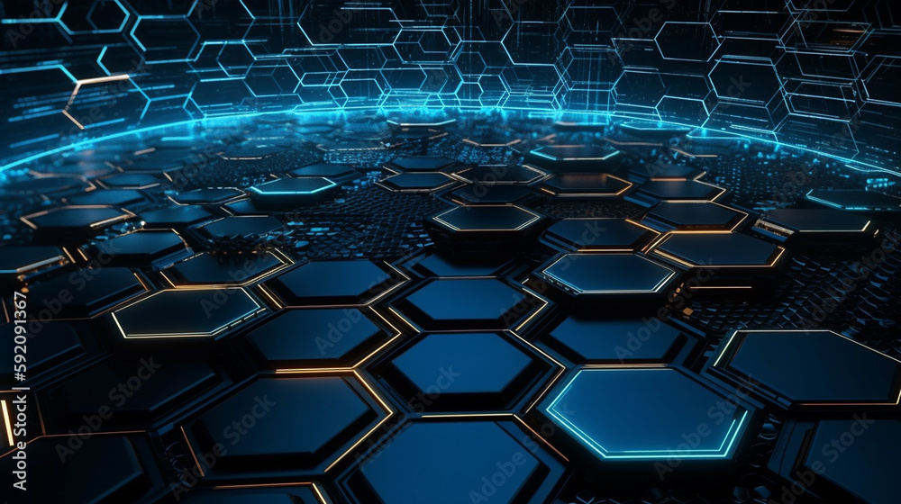 Naklejka premium Abstract technology background with hexagons and glowing lines.generative ai