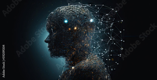 3d rendering image of a person with points on his head, in the style of abstract structures, virtual reality, double exposure, intertwined networks, light - filled, shaped canvas, silhouette figures