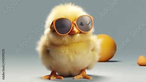 Cute little chicken with sunglasses and eggs on the beach. generative ai