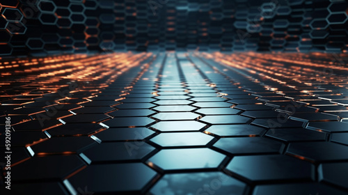 Abstract technology background with hexagons and glowing lines.generative ai © S...