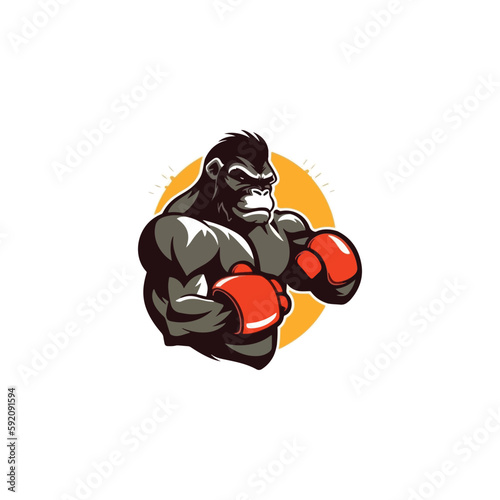 Masculine gorilla wants to fight wearing boxing gloves. logo for boxing sport.