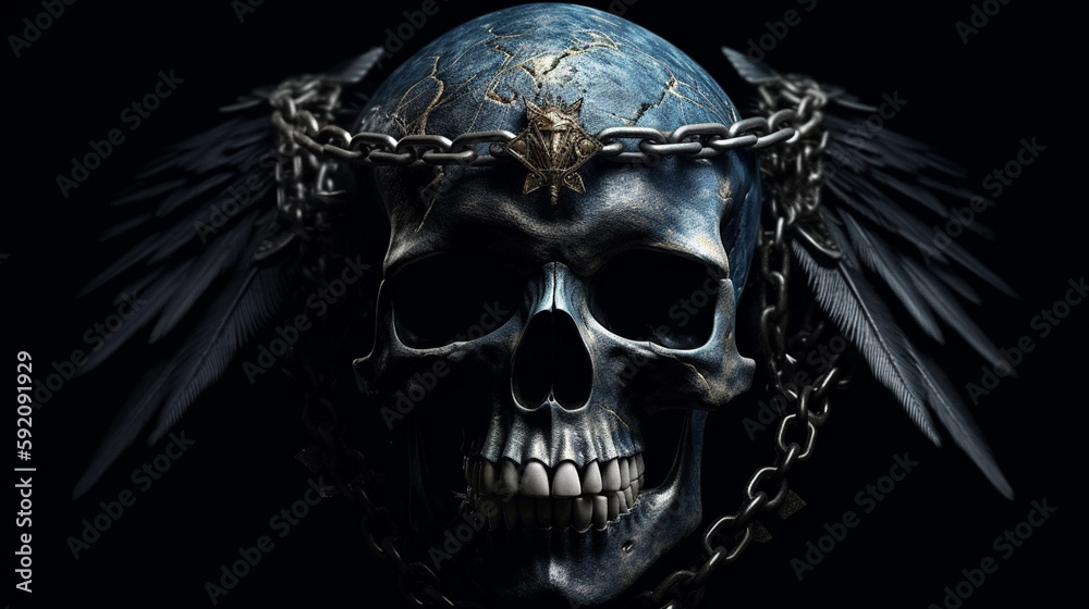 Fototapeta premium Human skull with chain on a dark background.generative ai