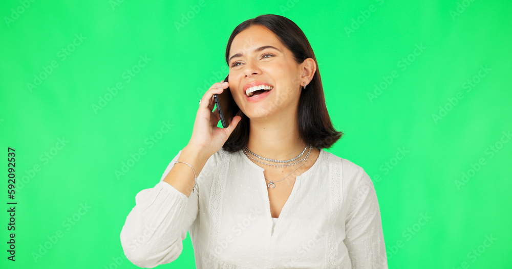 Woman, smile and phone call on green screen, studio and background for communication, networking and chat. Happy female model talking on smartphone, mobile technology and conversation of contact Woman, smile and phone call on green screen, studio and background for communication, networking and chat. Happy female model talking on smartphone, mobile technology and conversation of contact