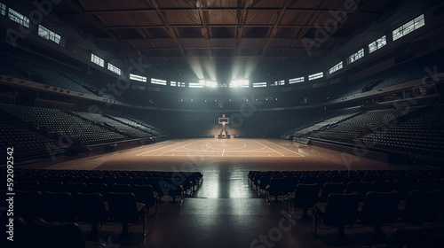 Basketball arena with empty seats and lights.generative ai