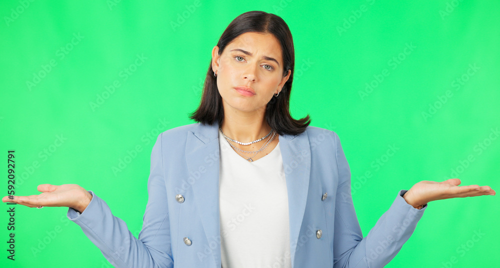 Business woman, open hands and palm by green screen for choice, decision and confused face in studio. Young businesswoman, hand gesture and portrait for product placement with mock up by background Business woman, open hands and palm by green screen for choice, decision and confused face in studio. Young businesswoman, hand gesture and portrait for product placement with mock up by background