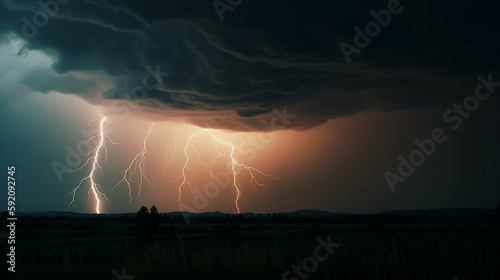 Lightning strike in the sky over the river. generative ai