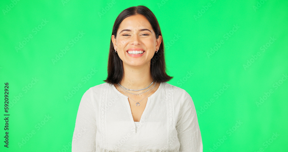 Smile, woman and face on green screen, studio and color background with confidence, happiness and pride. Portrait of happy young female model in good mood, positive attitude and friendly personality