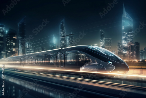High Speed Train At Station And Blurred Cityscape At Night On Background Digital Illustration Of Non Existing Train Model  Made Using Generative Ai