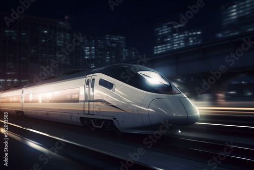 High Speed Train At Station And Blurred Cityscape At Night On Background Digital Illustration Of Non Existing Train Model, Made Using Generative Ai