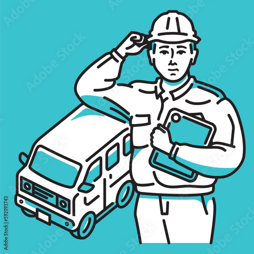 タブレット端末を持つ男性作業員と軽商用車