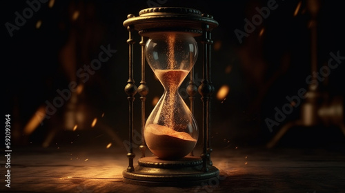 Time concept. Hourglass with sand on dark toned foggy background.generative ai